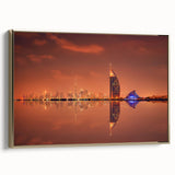 Framed canvas wall art of Dubai skyline in gold and black tones, ideal for bedroom decor.