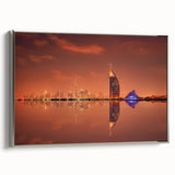Landscape art painting of Dubai skyline in vibrant colors on a framed canvas, ideal for modern living room decor.
