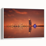 Vintage poster art of Dubai skyline on extra large framed canvas, featuring colorful art on a black background.