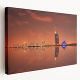 Panoramic view of Dubai skyline in muted earth tones on a large stretched canvas, suitable for kitchen wall art.