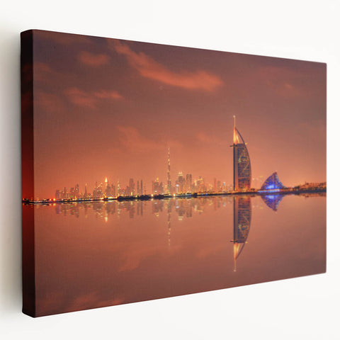 Panoramic view of Dubai skyline in muted earth tones on a large stretched canvas, suitable for kitchen wall art.