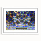 Abstract art print of Middle Eastern scenery in muted earth tones on a white framed canvas, ideal for dining room decor.