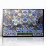 Large abstract wall art featuring a stylized Iranian landscape in muted earth tones, framed in black acrylic.