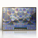 Mid-century modernist style acrylic print featuring a scenic depiction of Iran in gold and earth tones.