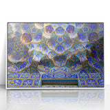 Art deco poster of a scenic Middle Eastern landscape in muted earth tones on a white framed acrylic.