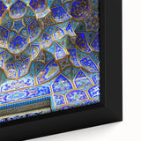 Black wall art featuring a textured, colorful Middle Eastern scenery on a framed canvas, ideal for living room decor.