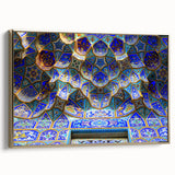 Framed canvas featuring a vintage-style landscape painting of a Middle Eastern scenery, primarily in black and gold tones.