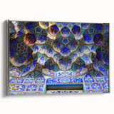 Framed canvas depicting a vintage-style landscape art painting of a Middle Eastern scenery in colorful hues.