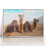 Art Deco-style poster of a Middle Eastern scenery, framed in white acrylic, featuring soft earth tones.