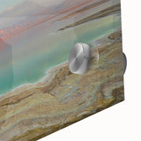 Acrylic print of the Dead Sea in muted blue and beige tones, featuring a large abstract style, suitable for dining room art.
