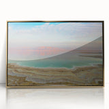 Acrylic print of the Dead Sea with gold frame, featuring mid-century modernist style, ideal for modern art wall decor.