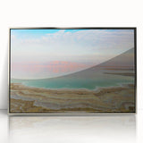 Mid-century modernist art of the Dead Sea in muted blue and silver tones on a framed acrylic print.