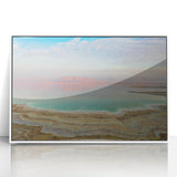 Art deco poster of the Dead Sea in muted blue and white tones, framed acrylic, ideal for modern art wall decor.