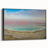 Framed canvas featuring a black and white landscape of the Dead Sea, ideal for bedroom wall decor.