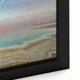 Extra large framed canvas of the Dead Sea in textured black with colorful accents, ideal for living room decor.