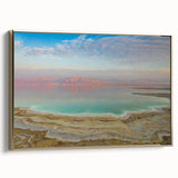 Framed canvas featuring a vintage-style landscape of the Dead Sea in muted gold and black tones, ideal for bedroom wall art.