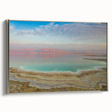 Framed canvas landscape art painting of the Dead Sea, featuring muted blues and grays, ideal for modern living room decor.