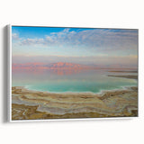 Vintage poster art of the Dead Sea with colorful accents on a large framed canvas, ideal for living room decor.