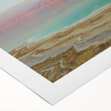 Art deco poster of the Dead Sea in muted blue and beige tones on rolled canvas, suitable for dining room decor.