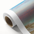 Art deco poster of the Dead Sea in muted blue and beige tones on rolled canvas.
