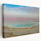 Large art print of the Dead Sea with muted blue and beige tones on stretched canvas, ideal for kitchen wall art.