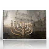 Acrylic print of Jerusalem skyline in muted earth tones, framed in white, suitable for modern art wall decor.