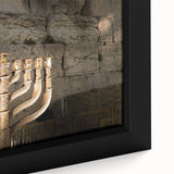 Extra large framed canvas of a textured Jerusalem cityscape in black with colorful accents, suitable for living room decor.