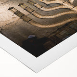 Art deco poster of Jerusalem skyline in muted earth tones on rolled canvas, suitable for dining room wall art.