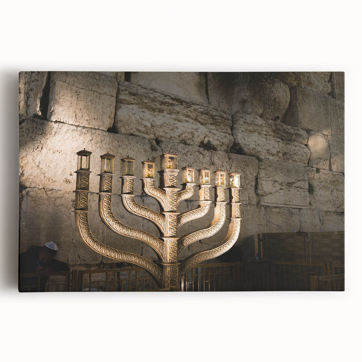 Black and white stretched canvas of Jerusalem skyline, ideal for kitchen wall art.
