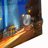 Large abstract wall art of Tel Aviv skyline in muted earth tones on acrylic glass, ideal for dining room art.