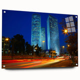 Large abstract depiction of Tel Aviv skyline in muted blue and grey tones on acrylic glass.