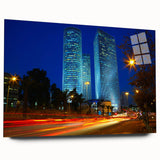 Large abstract depiction of Tel Aviv skyline in muted earth tones on acrylic glass, suitable for bedroom or dining room art.