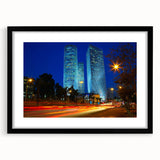 Extra large abstract art print of Tel Aviv skyline in vibrant, colorful hues on a textured canvas.