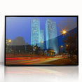 Large abstract wall art depicting the Tel Aviv skyline in muted earth tones on a framed acrylic panel.