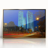 Large art print of Tel Aviv skyline in gold and blue tones on a framed acrylic, perfect for modern art wall decor.