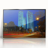 Mid-century modernist art of Tel Aviv skyline in muted blue and silver tones on a framed acrylic print.