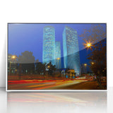 Art deco poster of Tel Aviv skyline in muted blue tones, acrylic print framed in white, suitable for modern art wall decor.