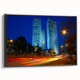 Black and white framed canvas of Tel Aviv landscape, ideal for bedroom wall art in vintage poster style.