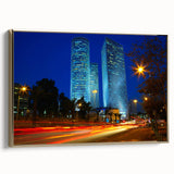 Framed canvas featuring a vintage-style landscape painting of Tel Aviv in muted gold and black tones.