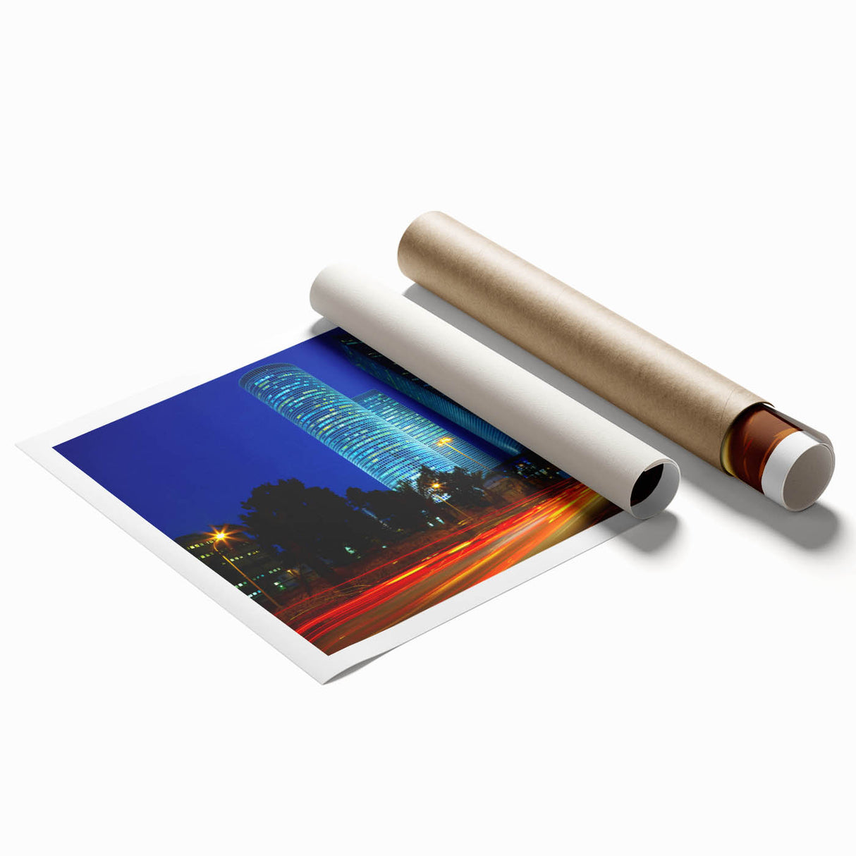 Extra large rolled print of Tel Aviv scenery with floral elements in soft hues.