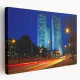 Tel Aviv cityscape on large stretched canvas with muted earth tones, suitable for kitchen wall art.