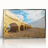 Mid-century modernist art depicting a serene Middle Eastern landscape in muted earth tones on a framed acrylic print.