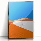 Mid-century modernist art of an Omani landscape in silver framed acrylic, featuring earth tones.