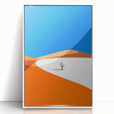 Acrylic print of a serene Middle-Eastern landscape in muted earth tones, framed in white, ideal for modern art wall decor.