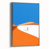 Framed canvas depicting a serene landscape from Oman in muted gold and black tones, suitable for bedroom decor.