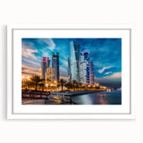Abstract art print of a Middle Eastern Qatar scenery in muted earth tones, framed with a white mat.