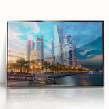 Mid-century modernist art depicting the Qatar skyline in muted metallic tones on a framed acrylic print.