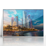 Art deco poster of Qatar scenery in muted pastel colors, acrylic print framed in white, suitable for nursery wall art.