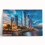 Black and white panoramic photo of Qatar skyline on stretched canvas, suitable as kitchen wall art or for bedroom ambiance.