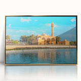 Large art print of a mid-century modernist Saudi Arabian scenery in gold tones, framed acrylic.